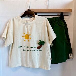 Cream Graphic Tee and Green Shorts Set size 110/5T